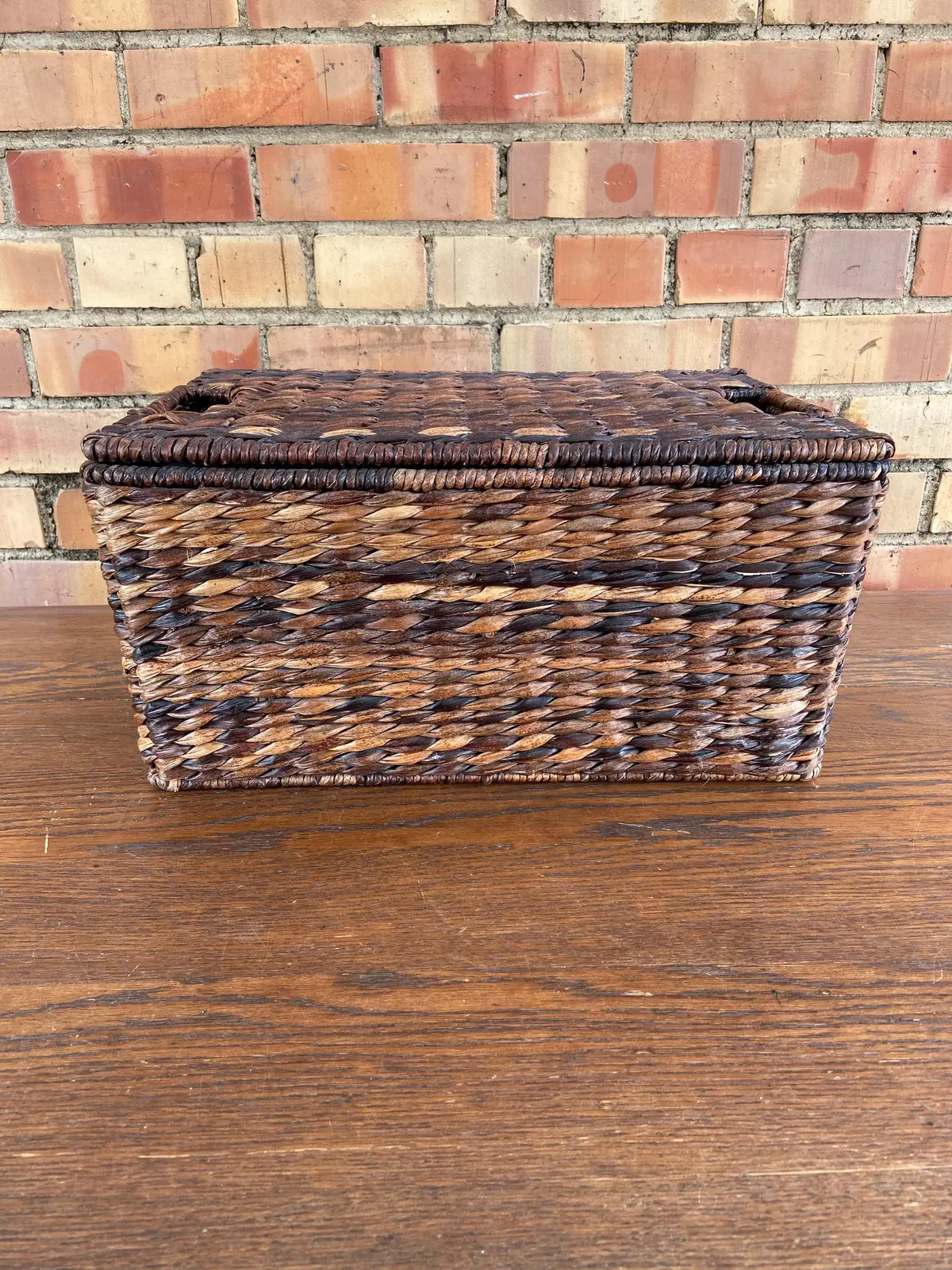 Dark Rectangular Woven Brown Basket With Lid 1