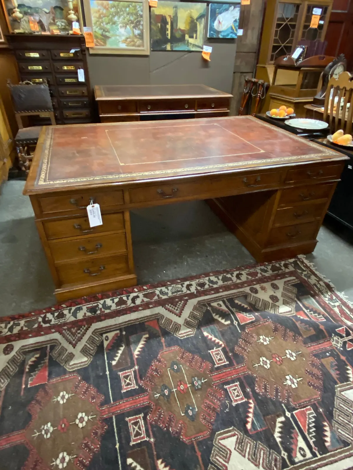 Large English Mahogany Partners Desk With Tooled Leather 1