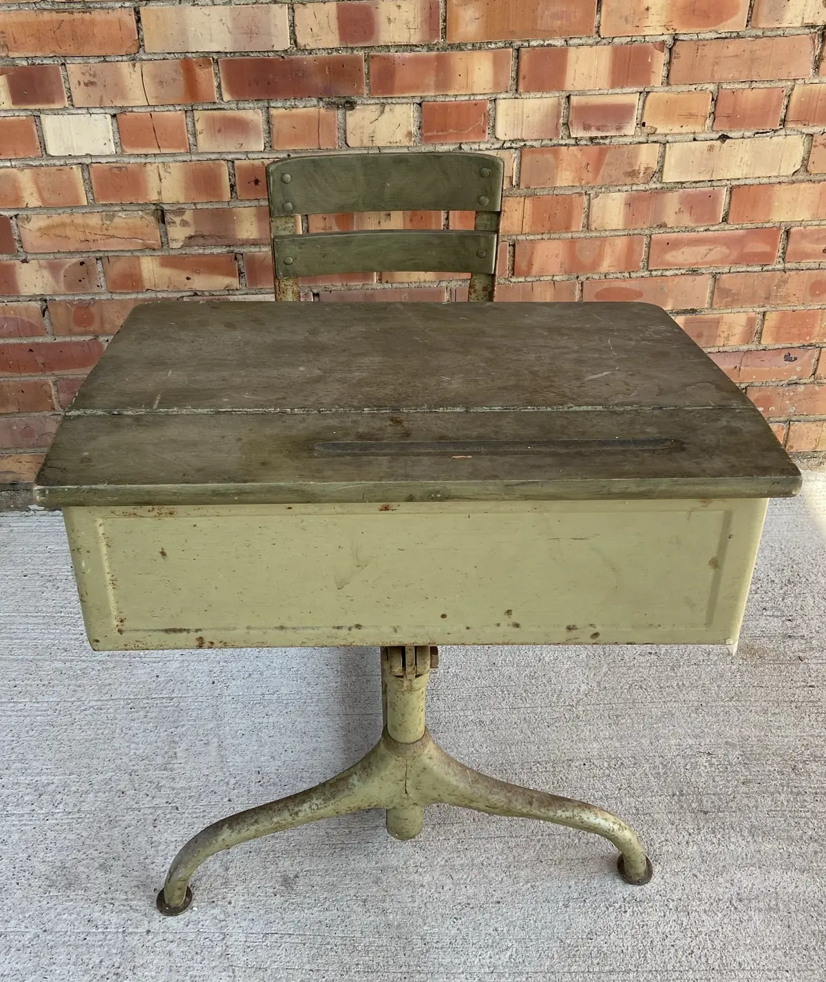 Green Metal And Wood Small School Desk With Attached Chair 1
