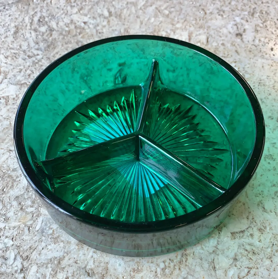 Emerald Green Glass 3 Compartment Dish 1