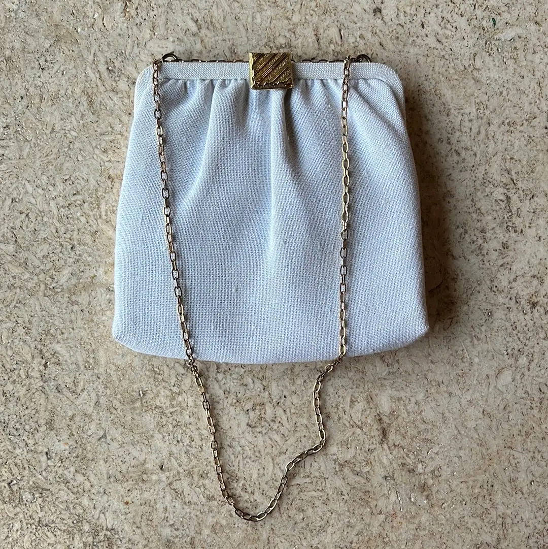 Vintage White Fabric Purse With Brass Clasp And Chain 1