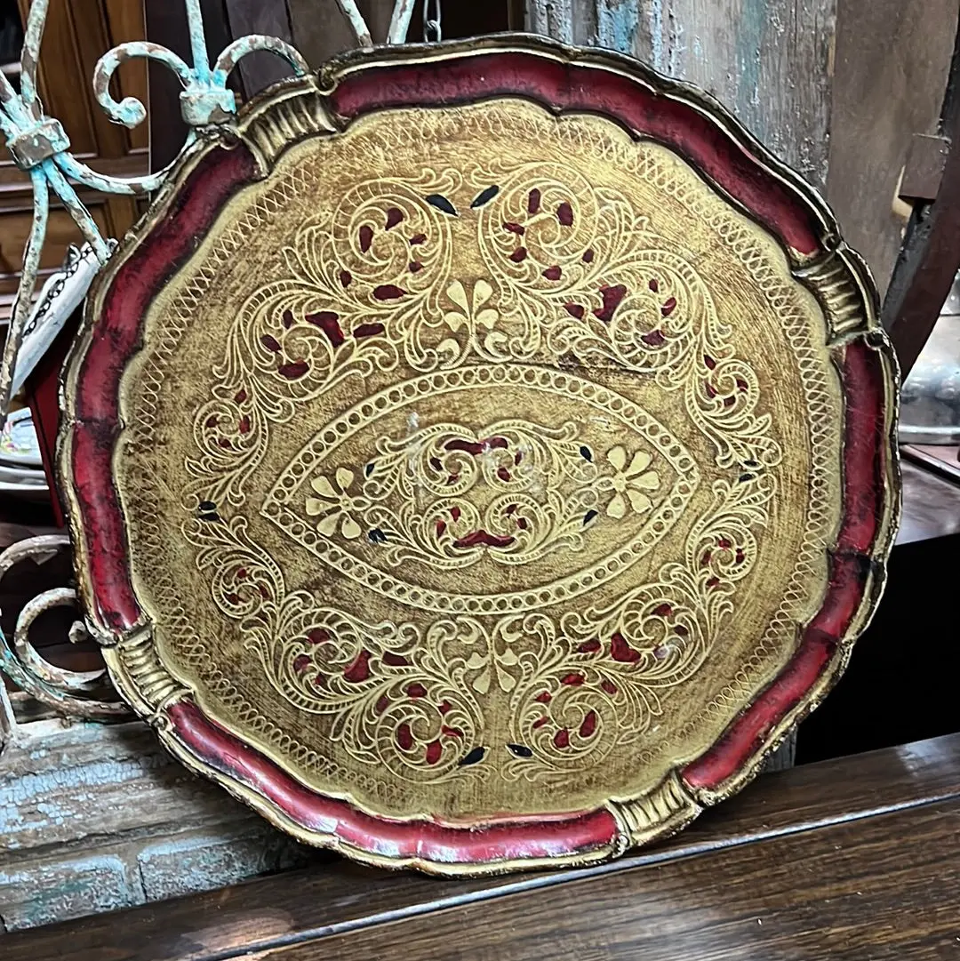 Gold And Red Round Florentine Tray 1