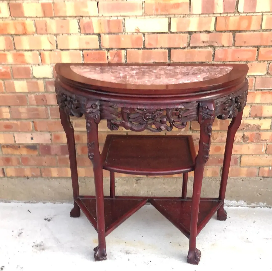 Asian Demi Lune Carved Marble Inlaid Console Table 1