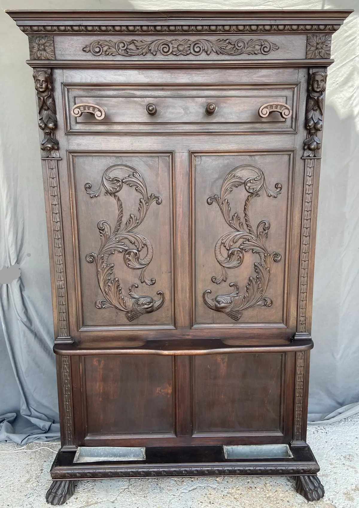 Italian Dolphin Fish And Cherub Carved Hall Tree With Drain Pans 1