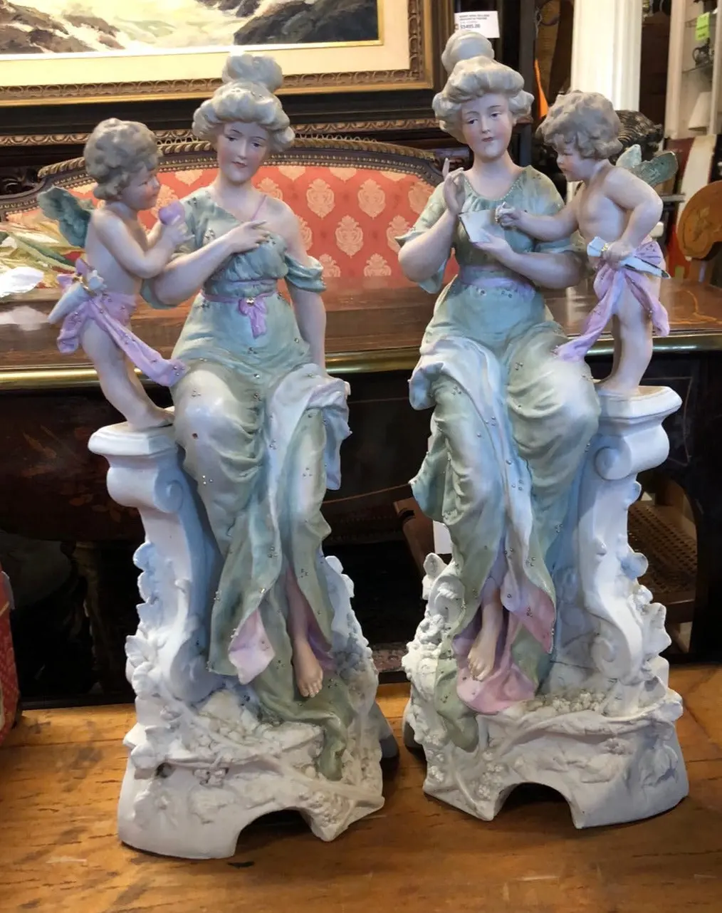 Pair Of Large Bisque Lady With Cherubs Figures 1