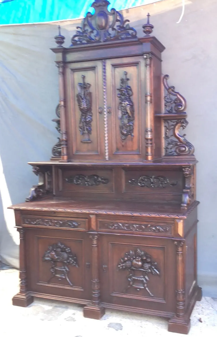 Large Black Forest Carved Oak Server With Game And Fruit Motifs - Open Shelves 1