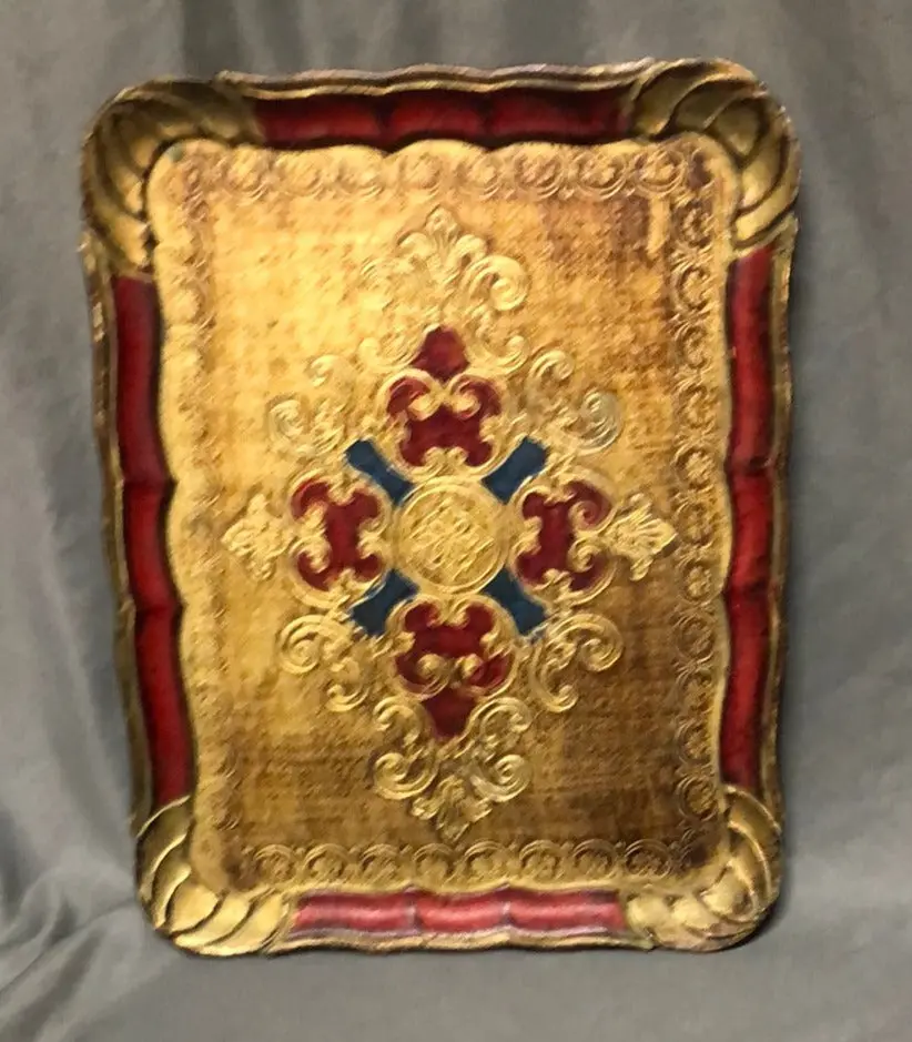 Small Rectangular Florentine Tray With Red, Green And Gold 1
