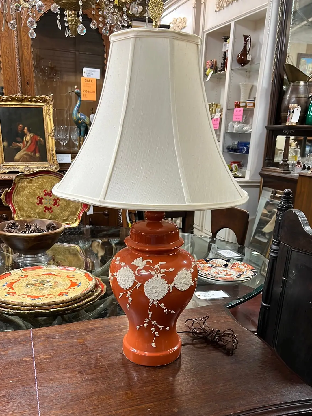 Orange Ginger Jar Style Lamp With Raised White Flowers 1