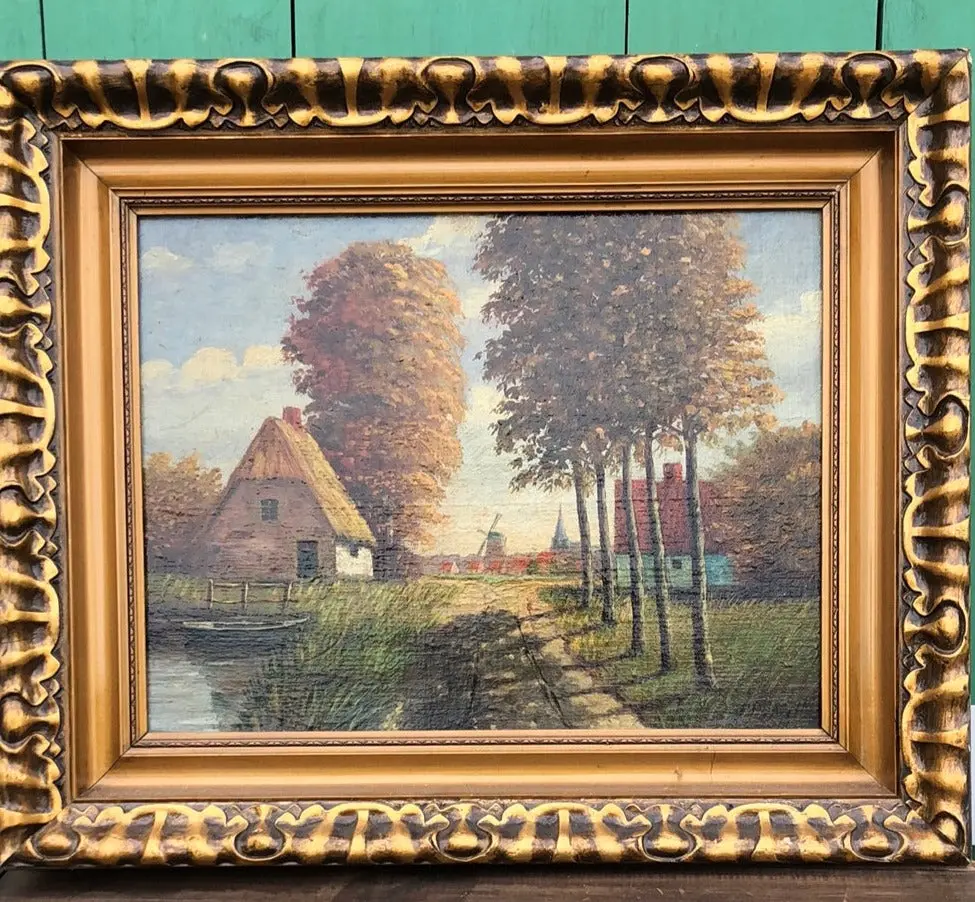 Gold Framed Dutch Windmill Oil Painting 1