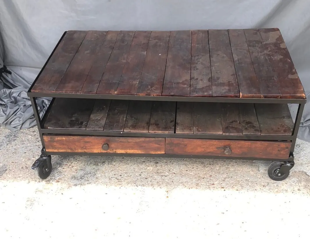 Iron And Wood Coffee Table With Drawers On Casters 1