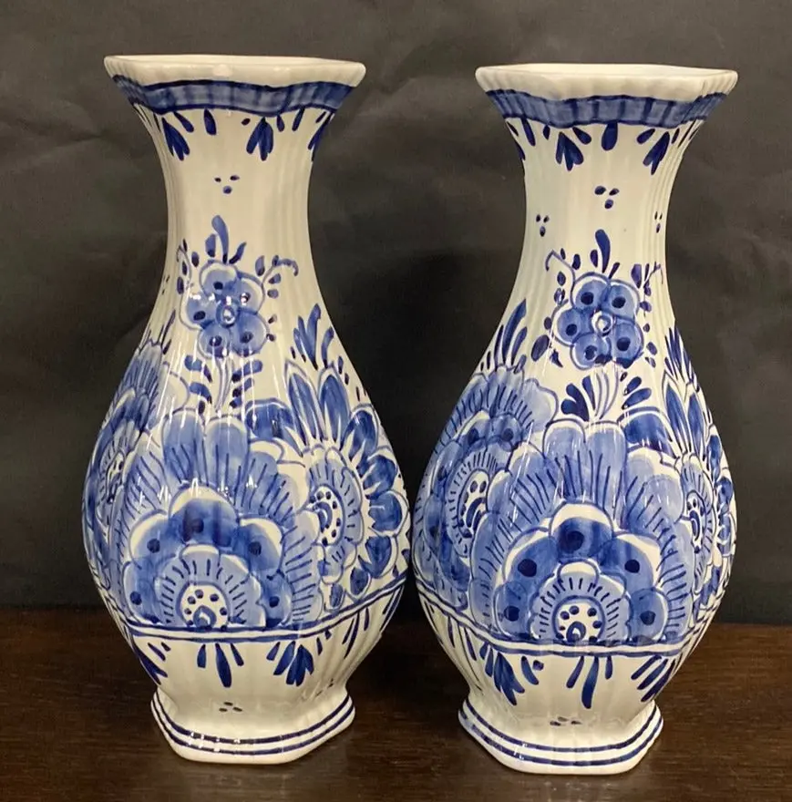 Pair Of Delft Ovoid Shaped Hexagonal Vases 1