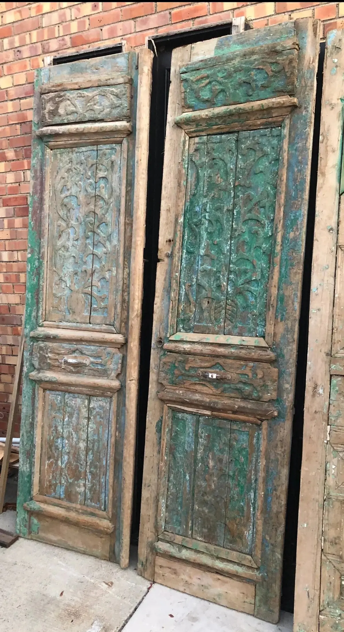 Pair Of Primitive Egyptian Distressed Green Wooden Doors With Incised Carving 1