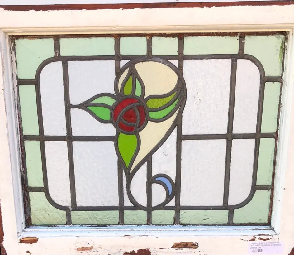 Stained Glass Window With Red Rose And Green Border 1