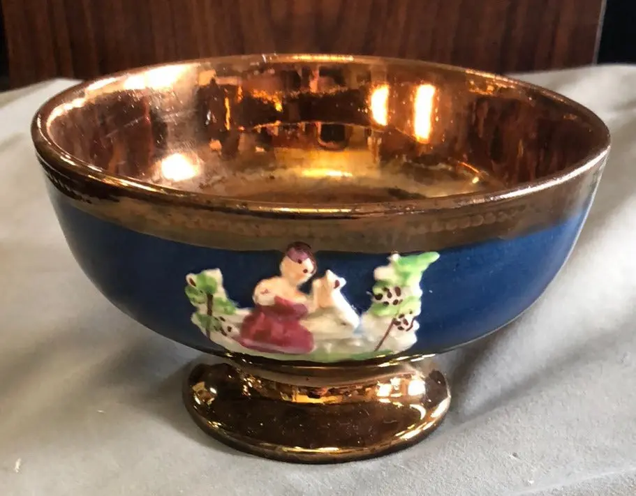 Copper Luster Foote Bowl With Woman 1