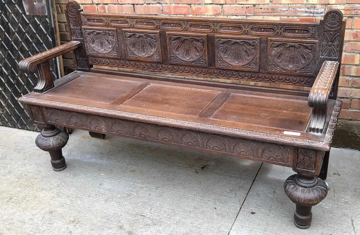 Heavy French Lunette Carved Oak Hall Bench 1