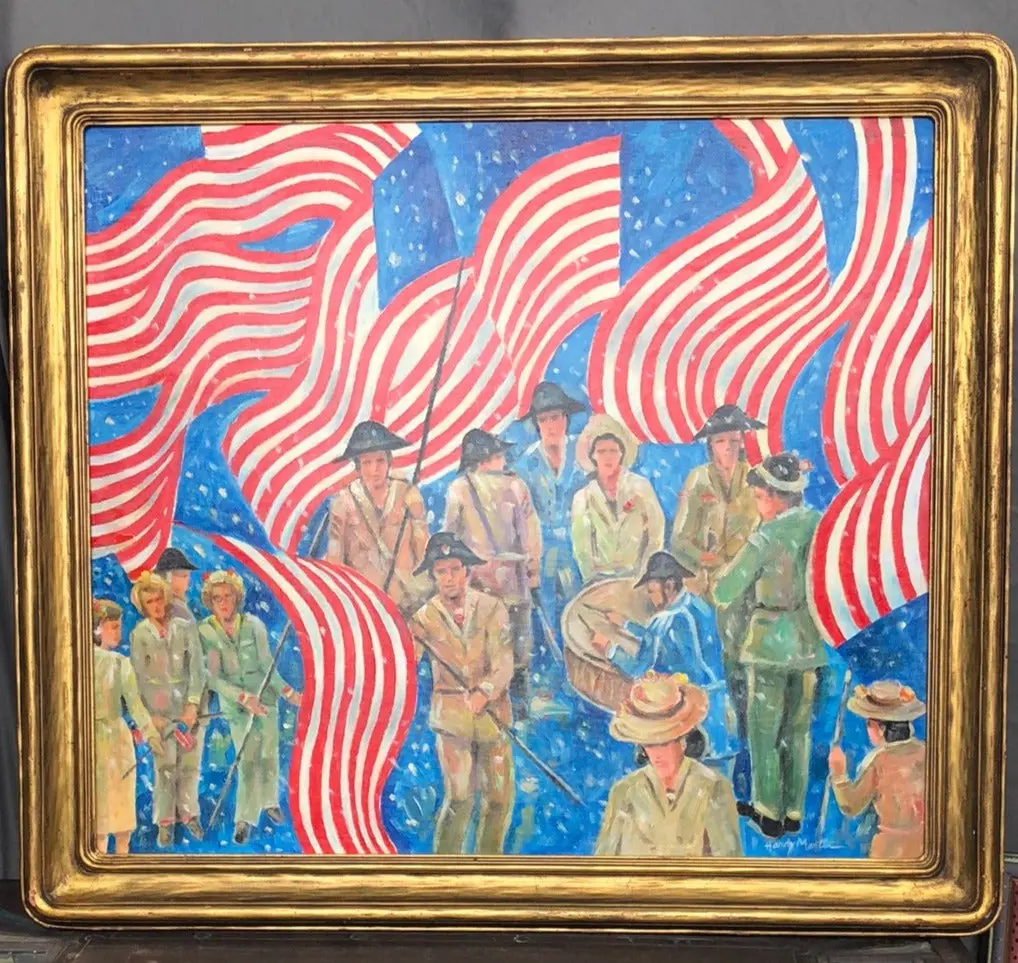 Bicentennial Oil Painting With Flags-Signed Hardy Martin 1