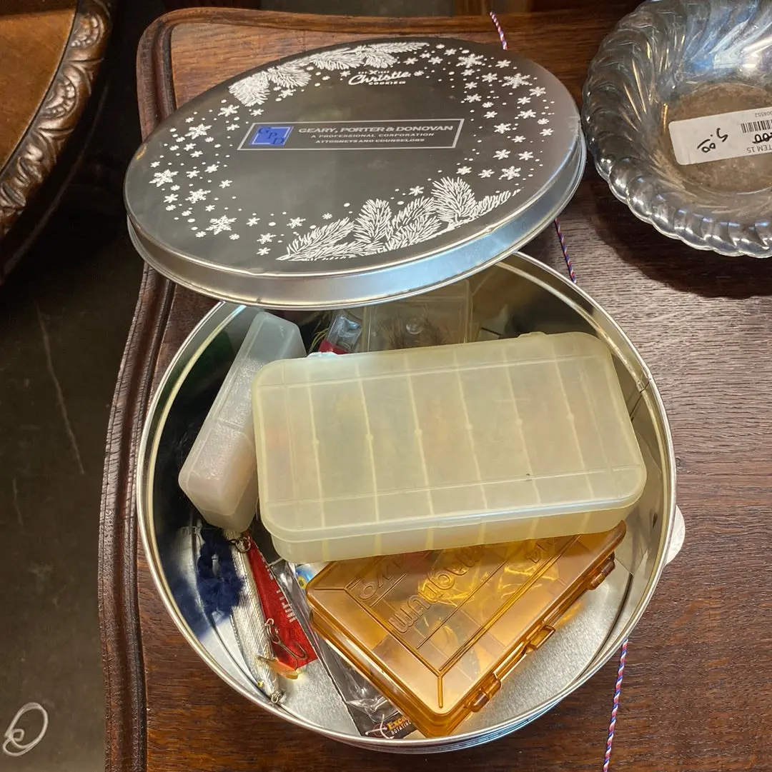 Tin Container With Various Fishing Tackle And Lures 1