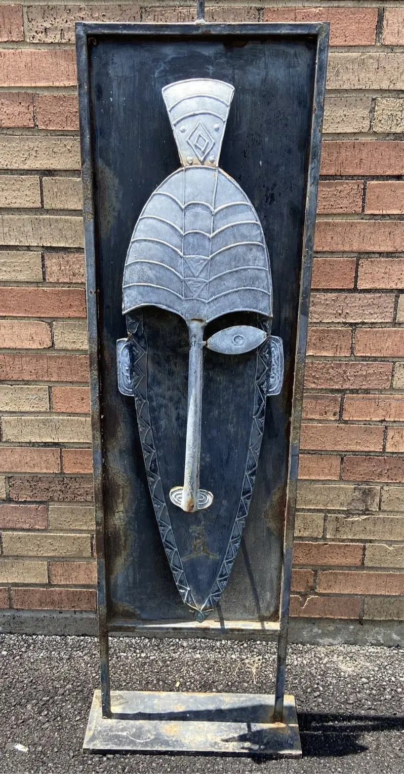 Large Metal African Mask On Stand - As Found 1