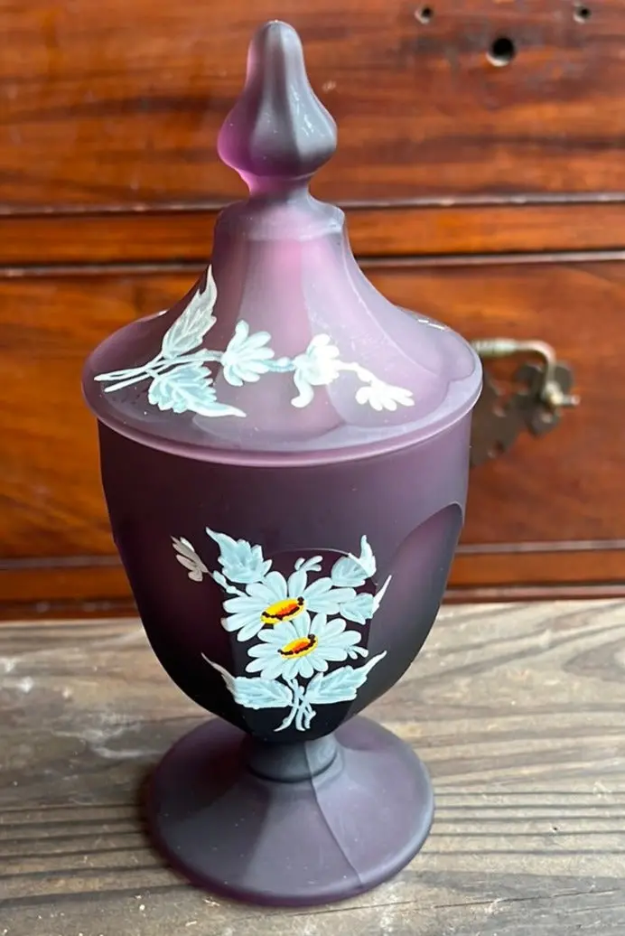 Purple Satin Glass Lidded Dish With Floral Design 1