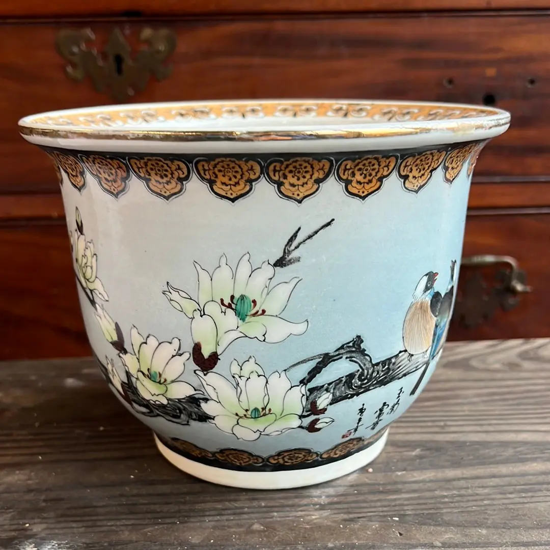 As Is 8" Asian Style Planter Pot With 2 Birds - Large Crack 1