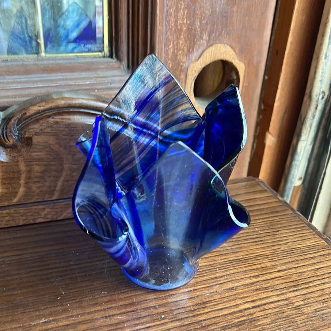 Cobalt Blue Hand Tissue Paper Shaped Glass Vase 1