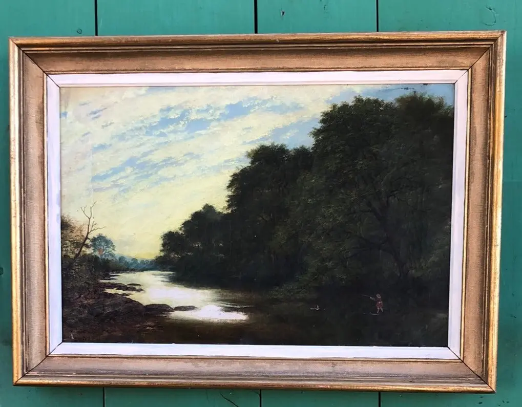 Gold Framed 19Th Century Oil Painting Of A Boy Fishing On A River Signed J.M. Carrick 1