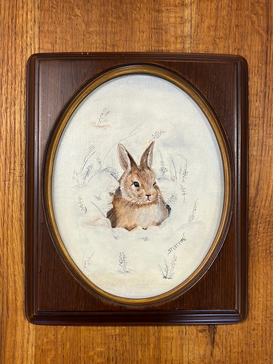 Small Oval Inset Framed Bunny Oil Painting Signed Sharron 1