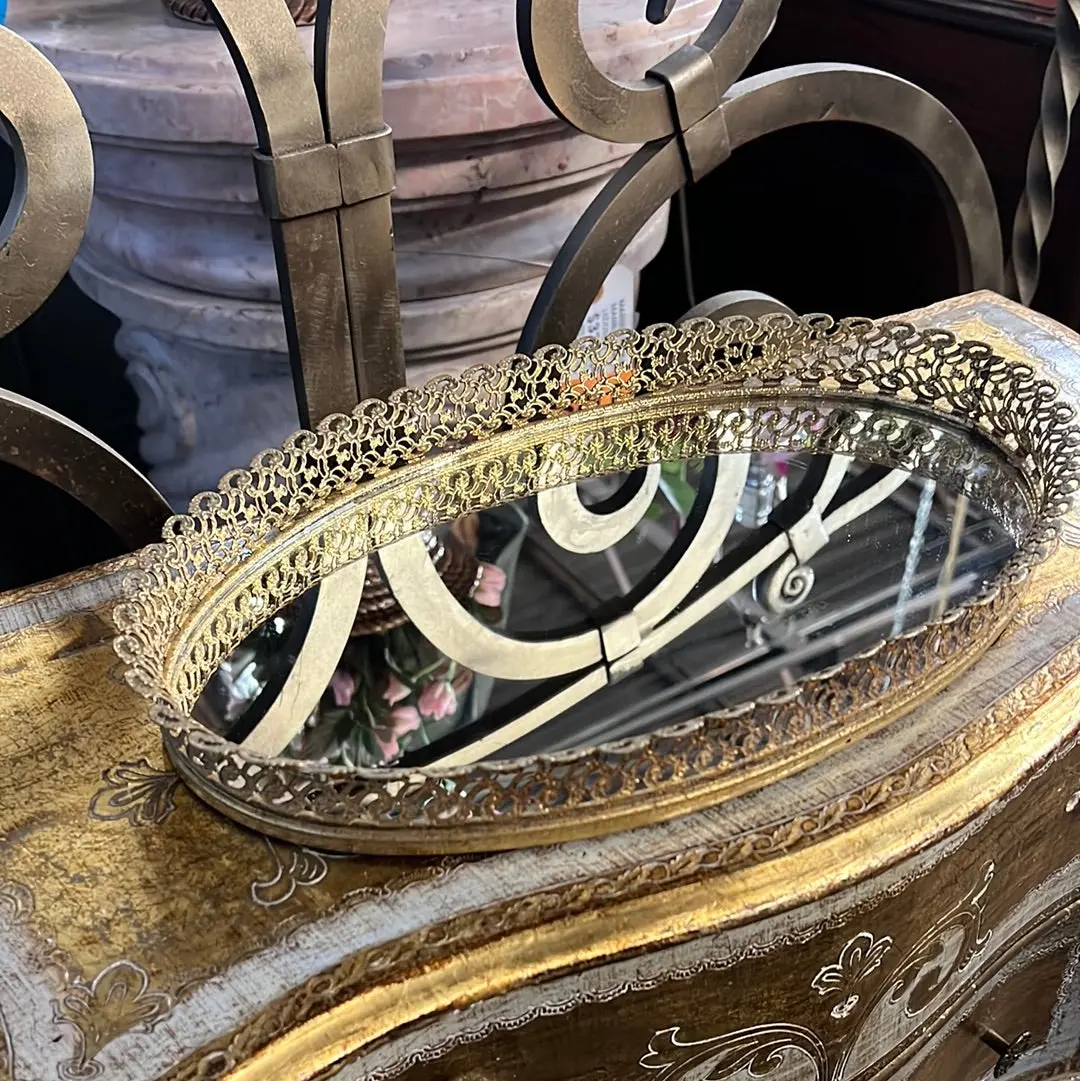Oval Brass Filigree And Mirror Vanity Tray 1