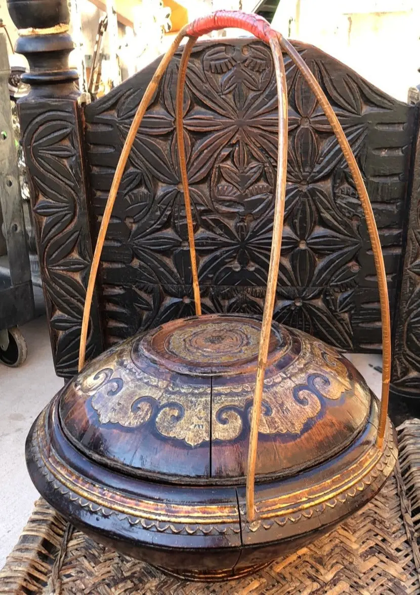 Chinese Wood Basket With Tall Handles 1