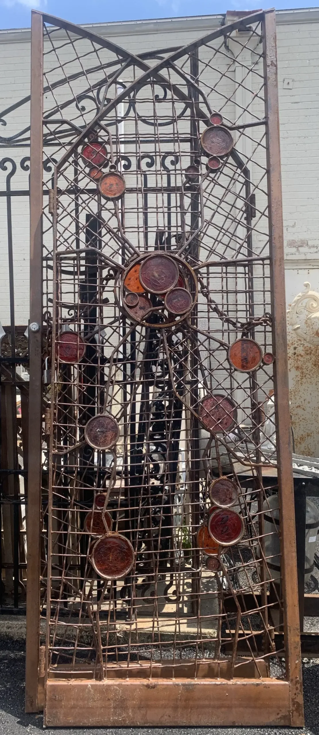 Pair Of Tall Modern Iron Arched Gates With Art Glass Rondells 1
