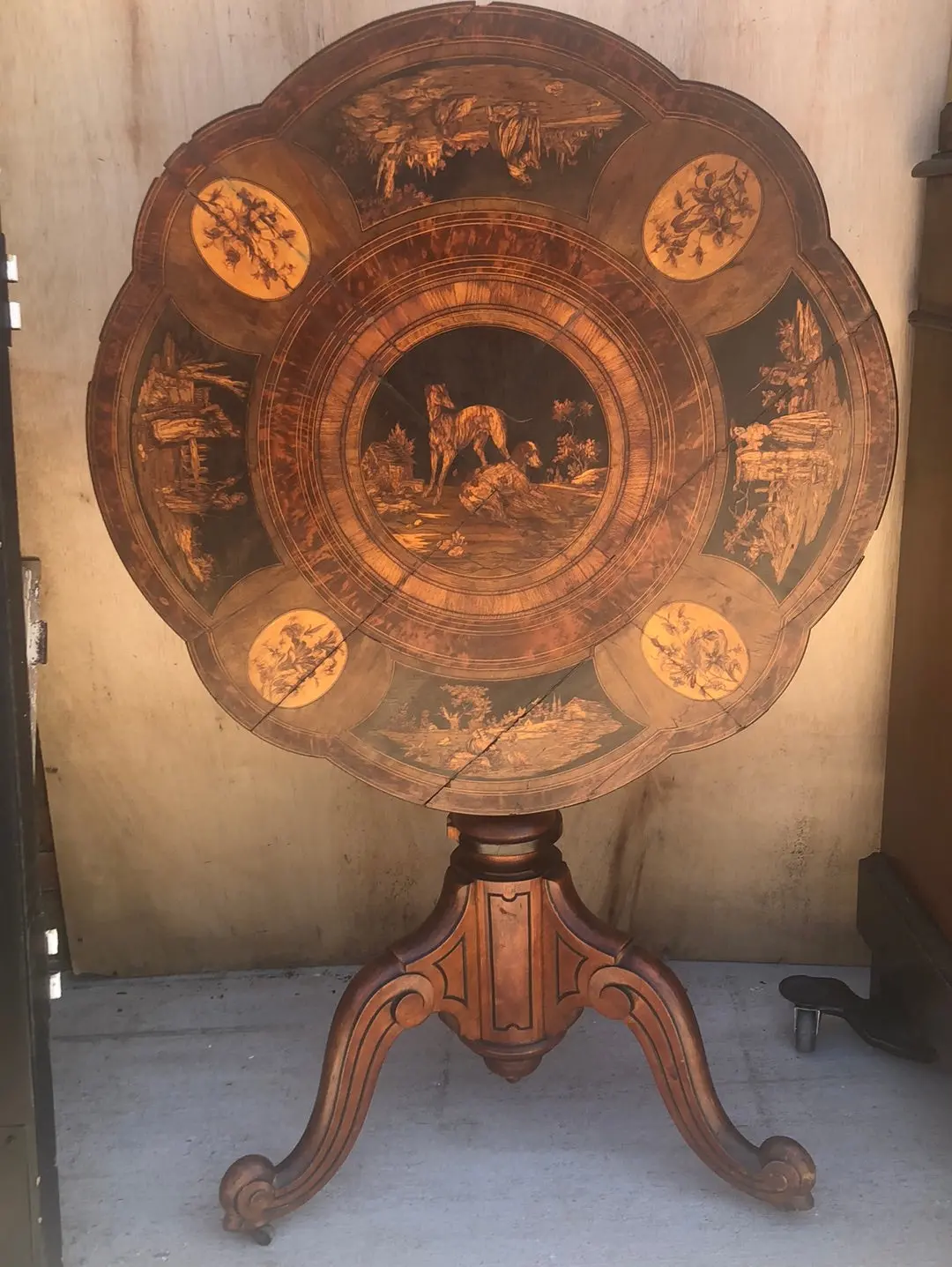 Tilt Top Pedestal Table With Inlaid Dogs And Figures-As Found 1
