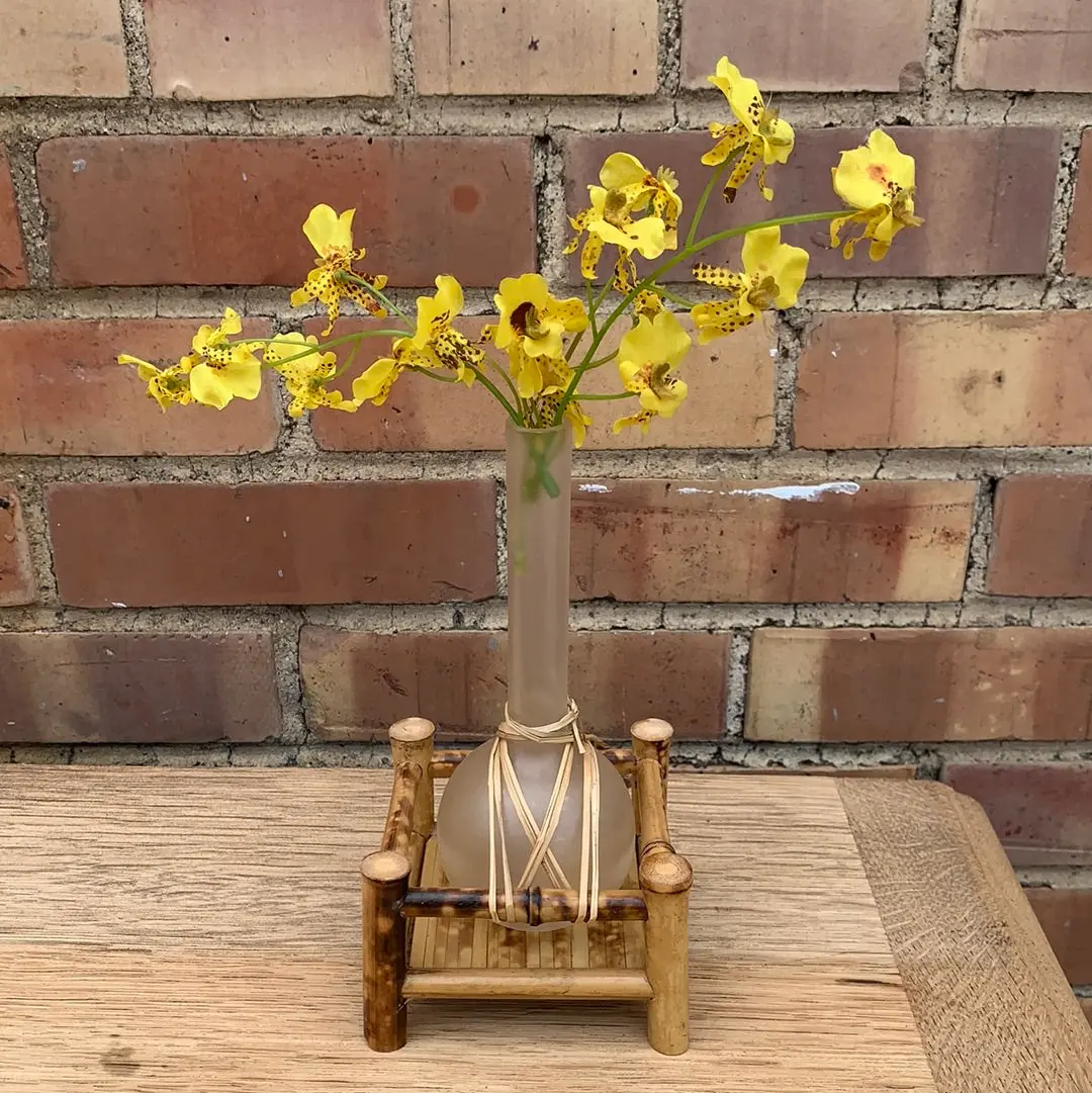 Small Faux Yellow Floral In Glass Vase On Bamboo Base 1
