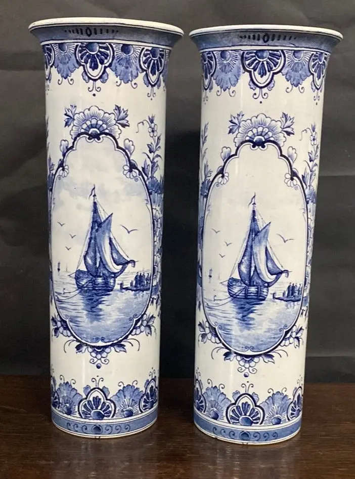 Pair Of Delft Flared Cylindrical Vases With Sailboats 1