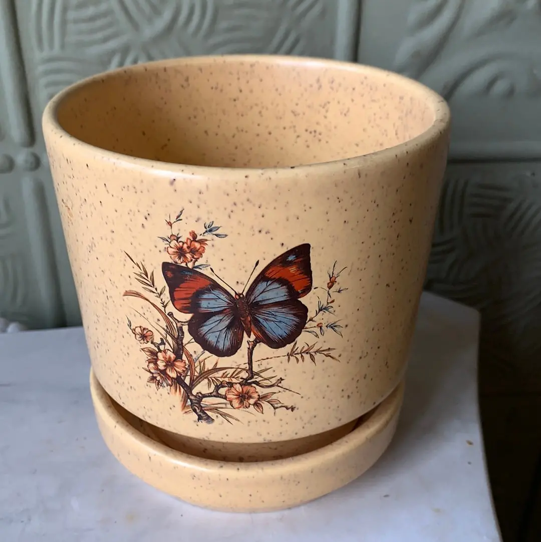 Butterfly Design Yellow Speckled Planter With Saucer 1