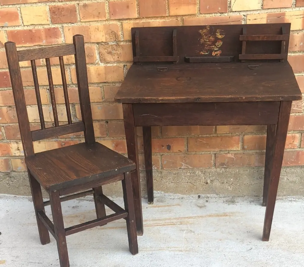 Primitive Wood Child's Desk And Chair Set 1