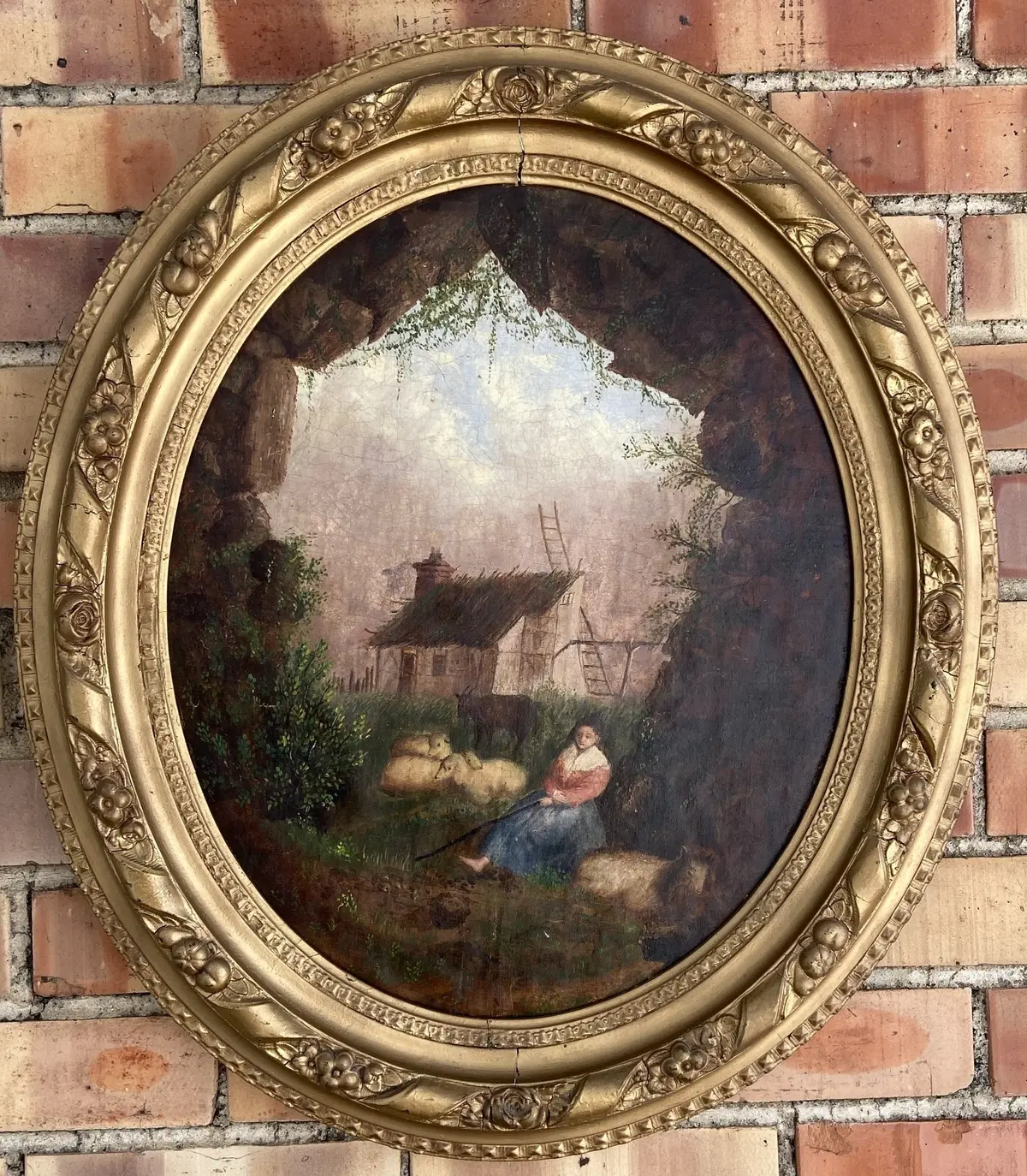 Framed Oval Oil Painting Of Woman And Sheep 1