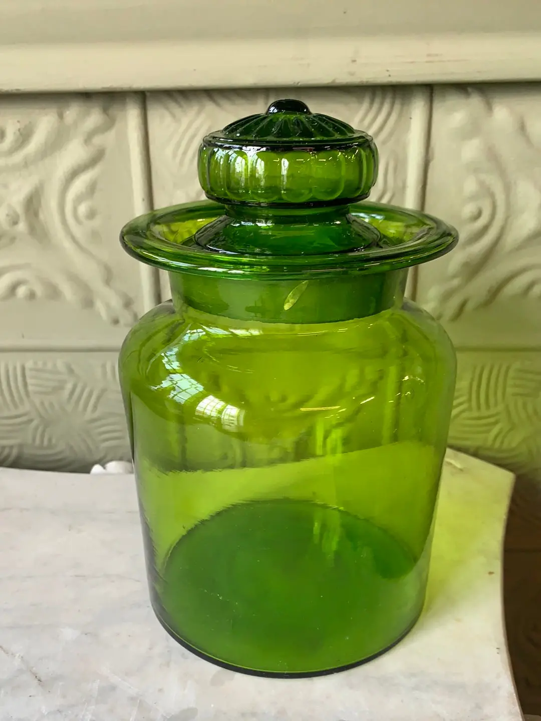 Green Glass Lidded Canister 1