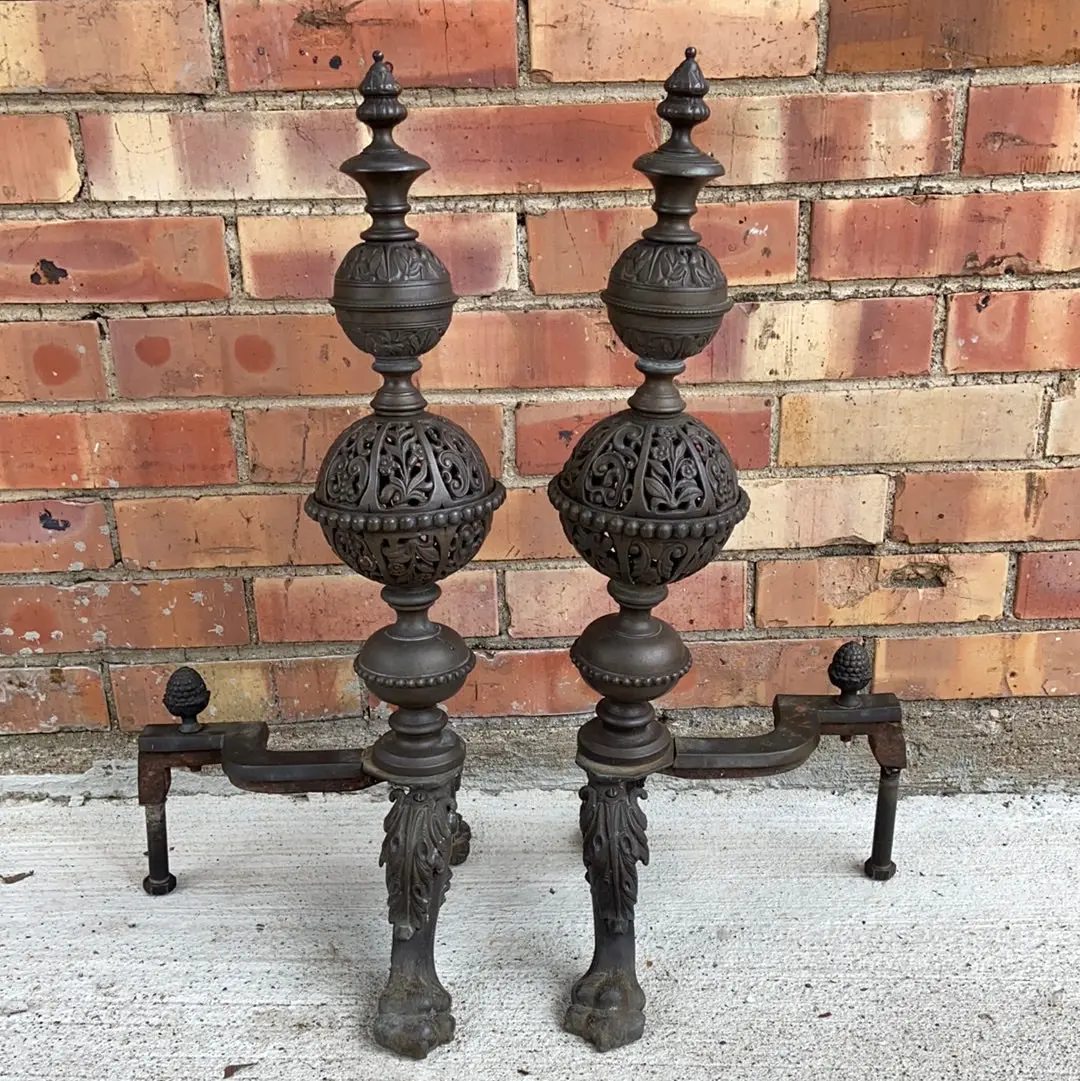Pair Of Brass Andirons With Spheres Missing Left Leg At Back 1