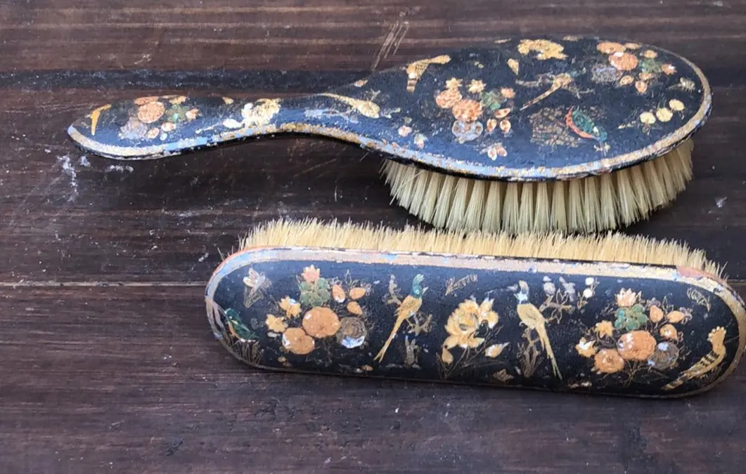 1 Only From Set Paper Mache Black And Gold With Birds Brush Set 1