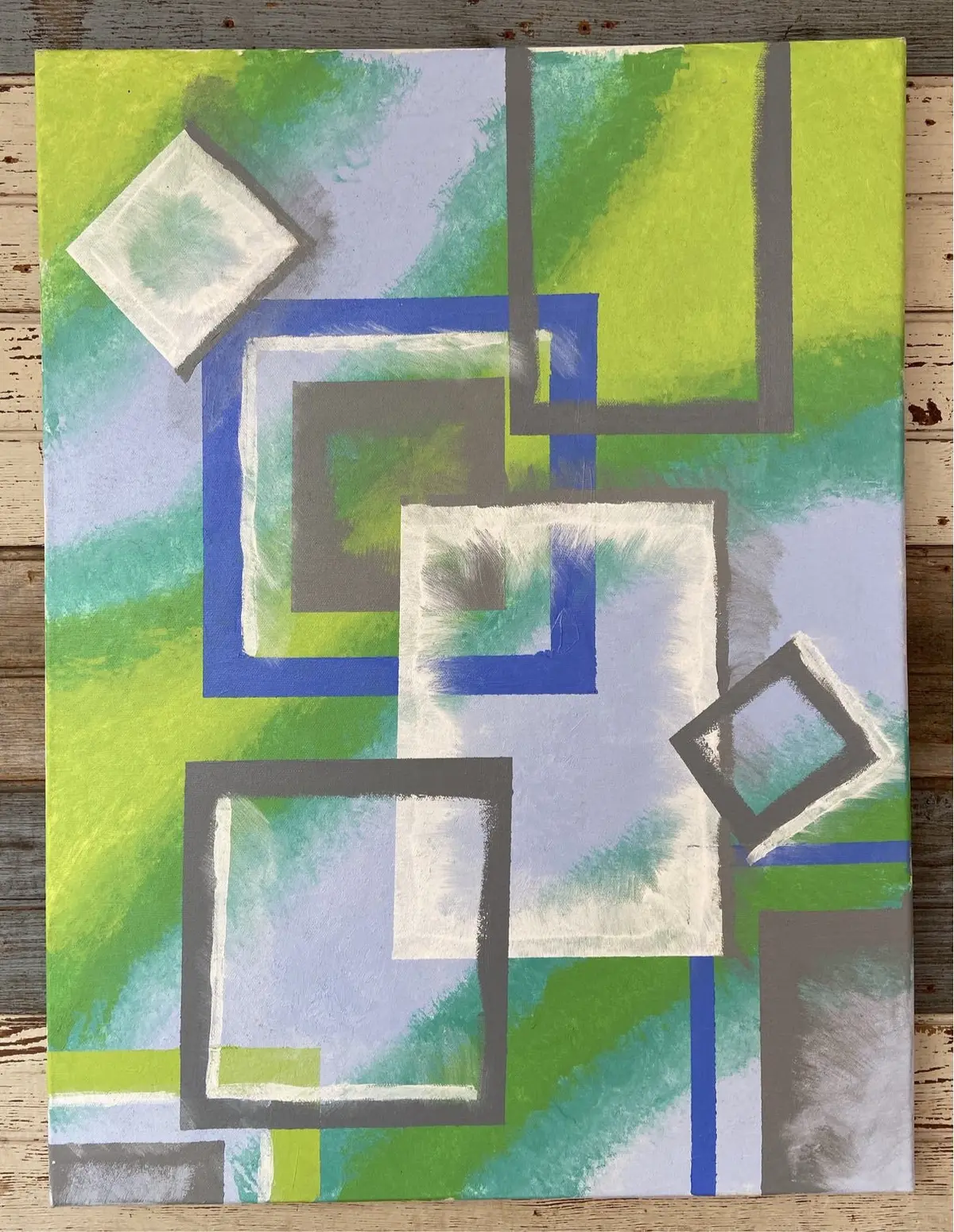 Green, Blue, And White Unframed Geometrical Modern Painting 1