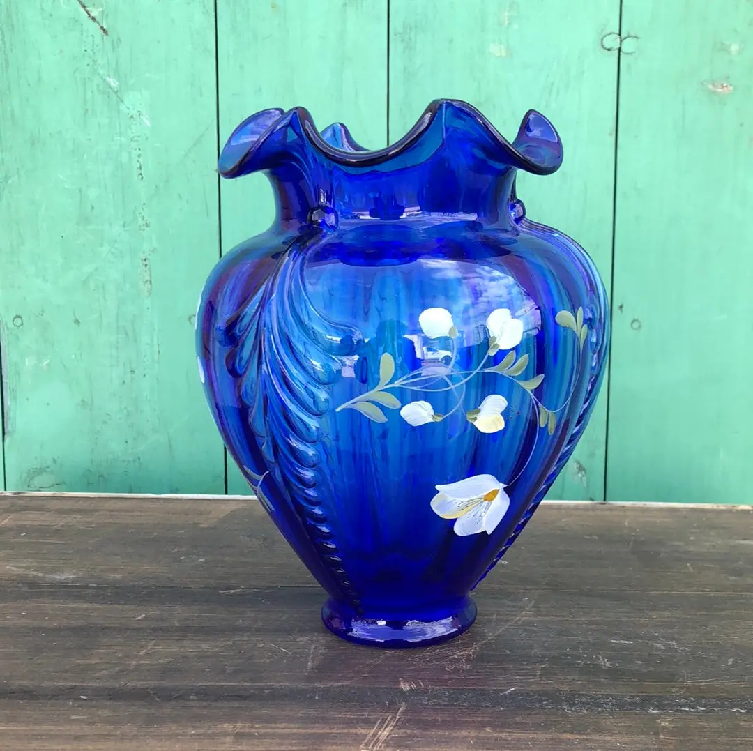 Signed Blue Fenton Art Glass Vase 1