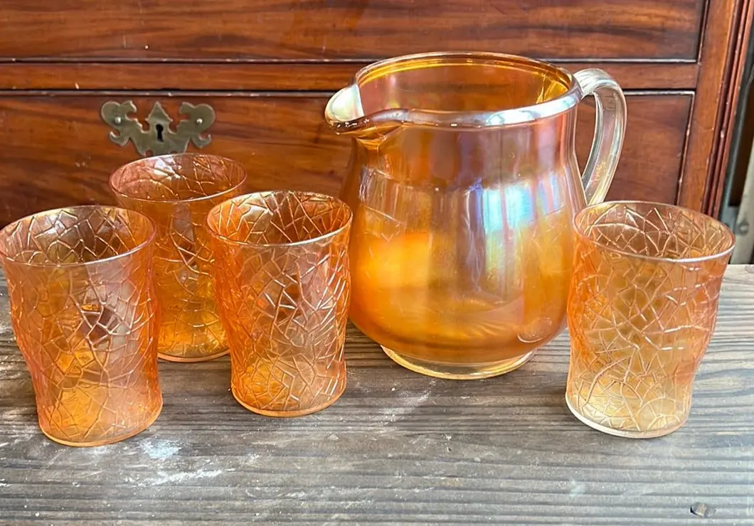 Iridescent Orange Pitcher Set With 4 Glasses 1