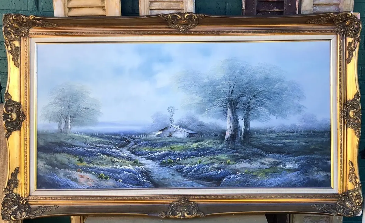 Large Bluebonnet Country Road Oil Painting With Windmill-As Found Frame 1