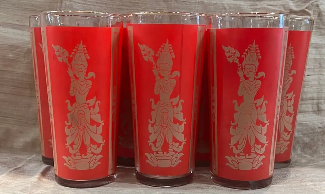 Set Of 7 Vintage Red With Gold Rim Asian Glasses 1