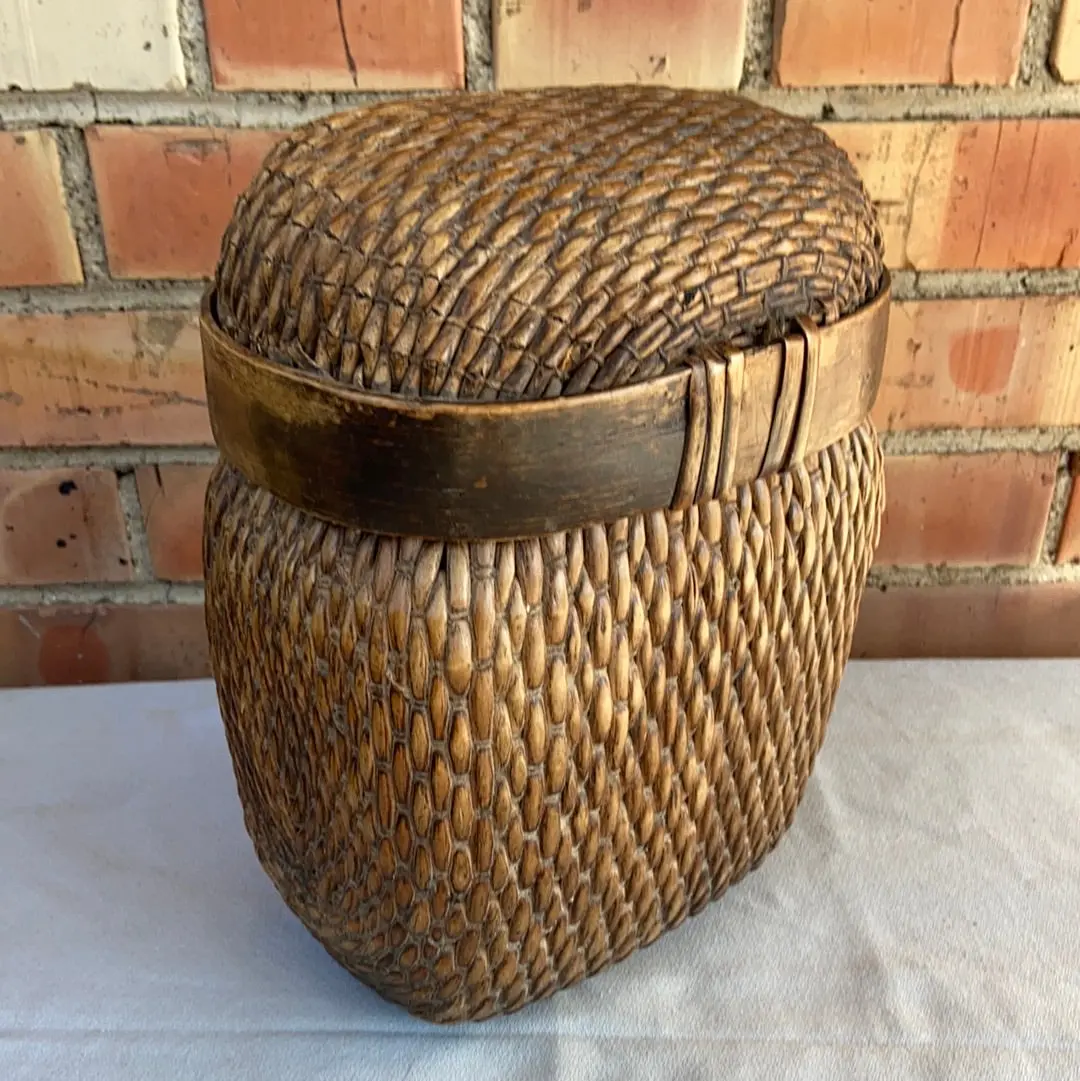 Small Heavy Rectangular Woven Chinese Lidded Basket 1