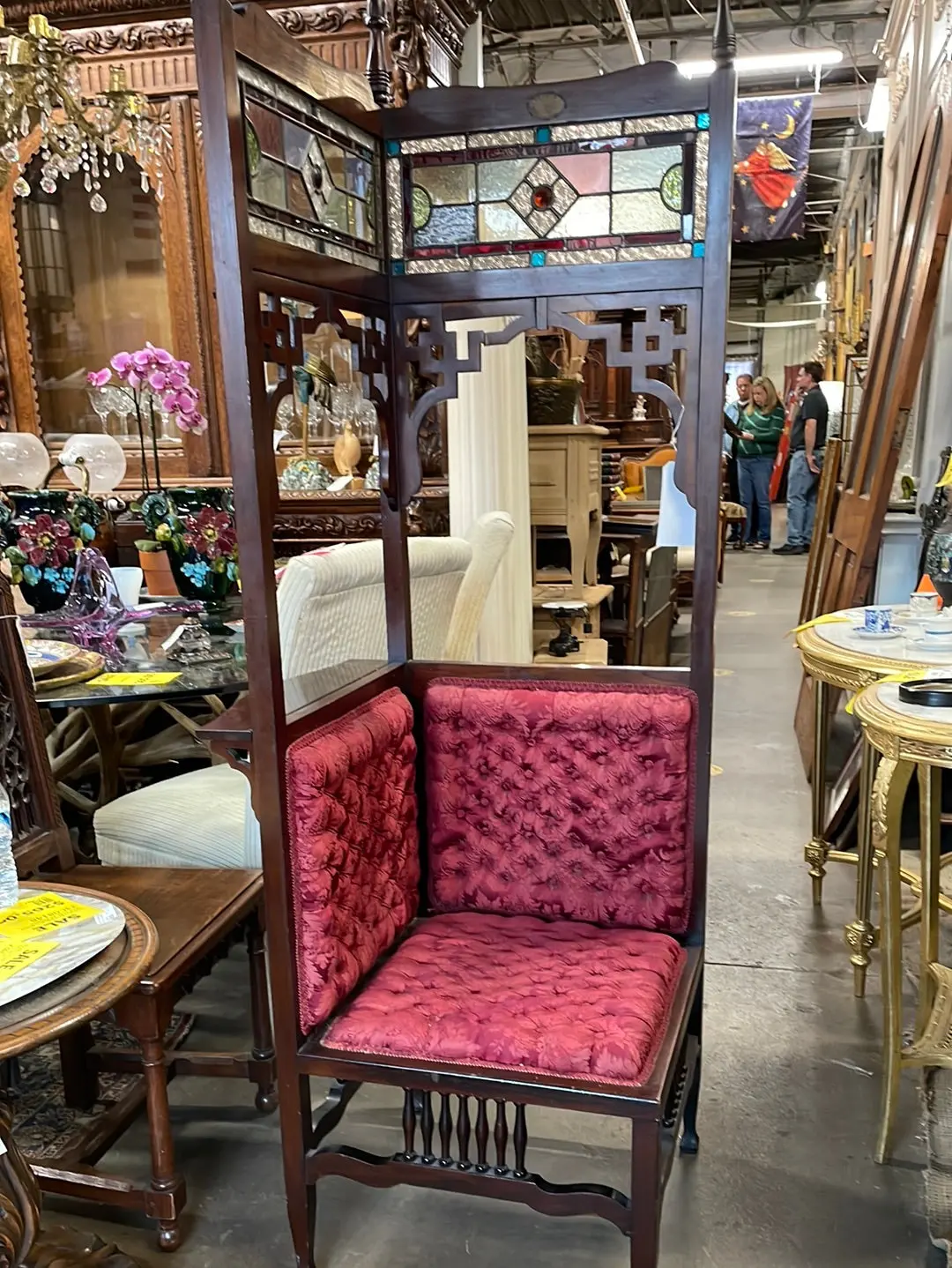 Mahogany Edwardian Stained Glass Corner Upholstered Confessional 1