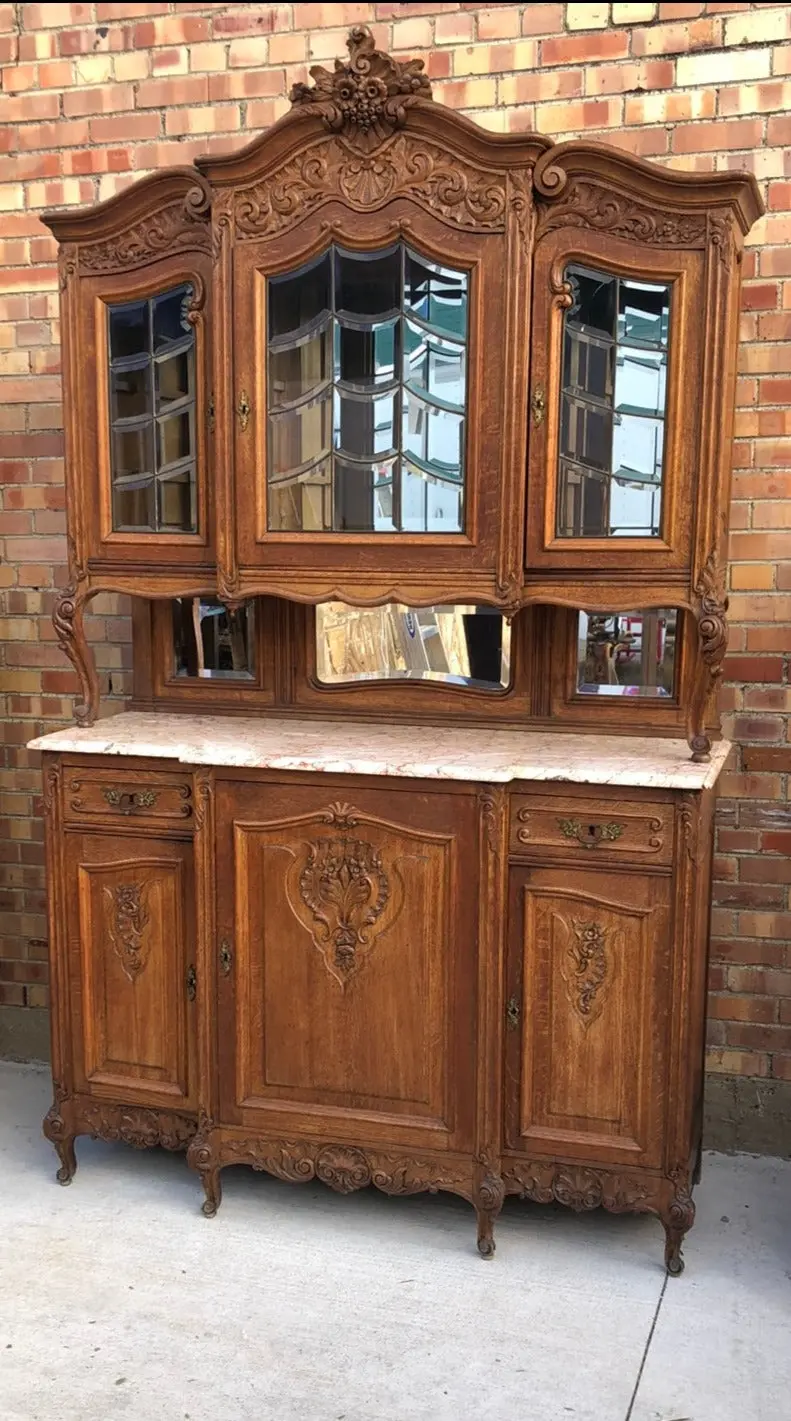 Marble Top Carved Louis Xv Leaded And Beveled Glass Rococo Oak Buffet 1