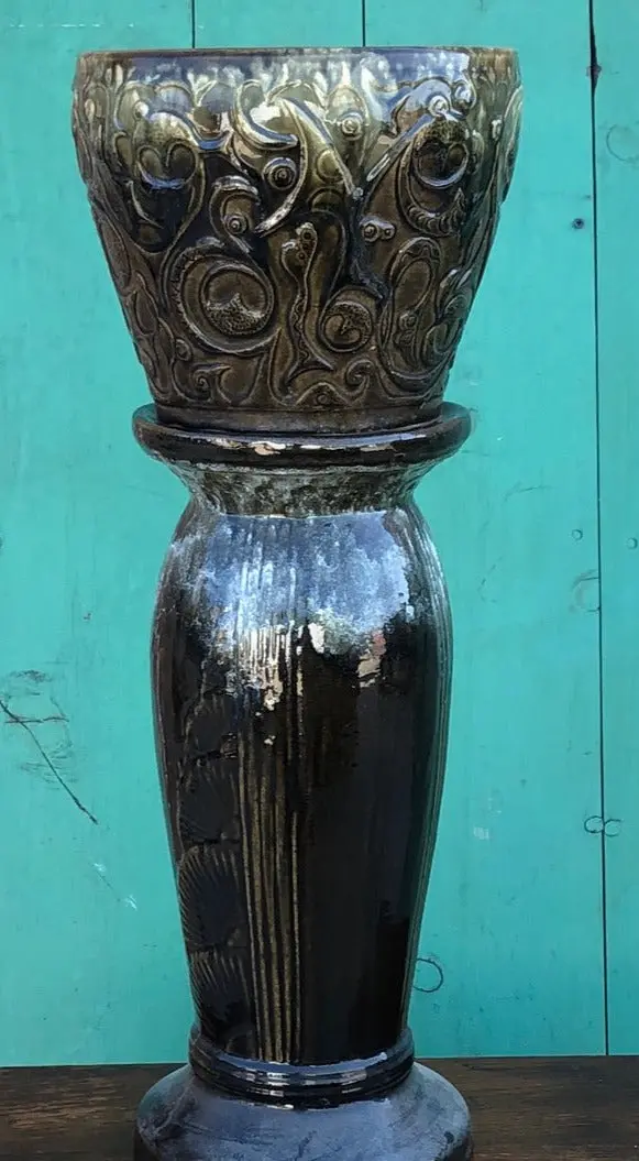 As Found Green  Pottery Jardiniere And Pedestal As Found 1