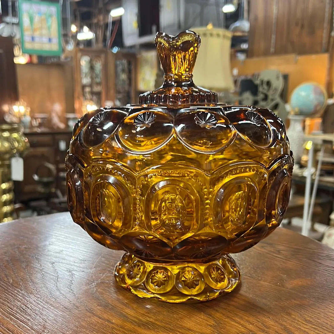 Amber Covered Compote Pressed Glass 1