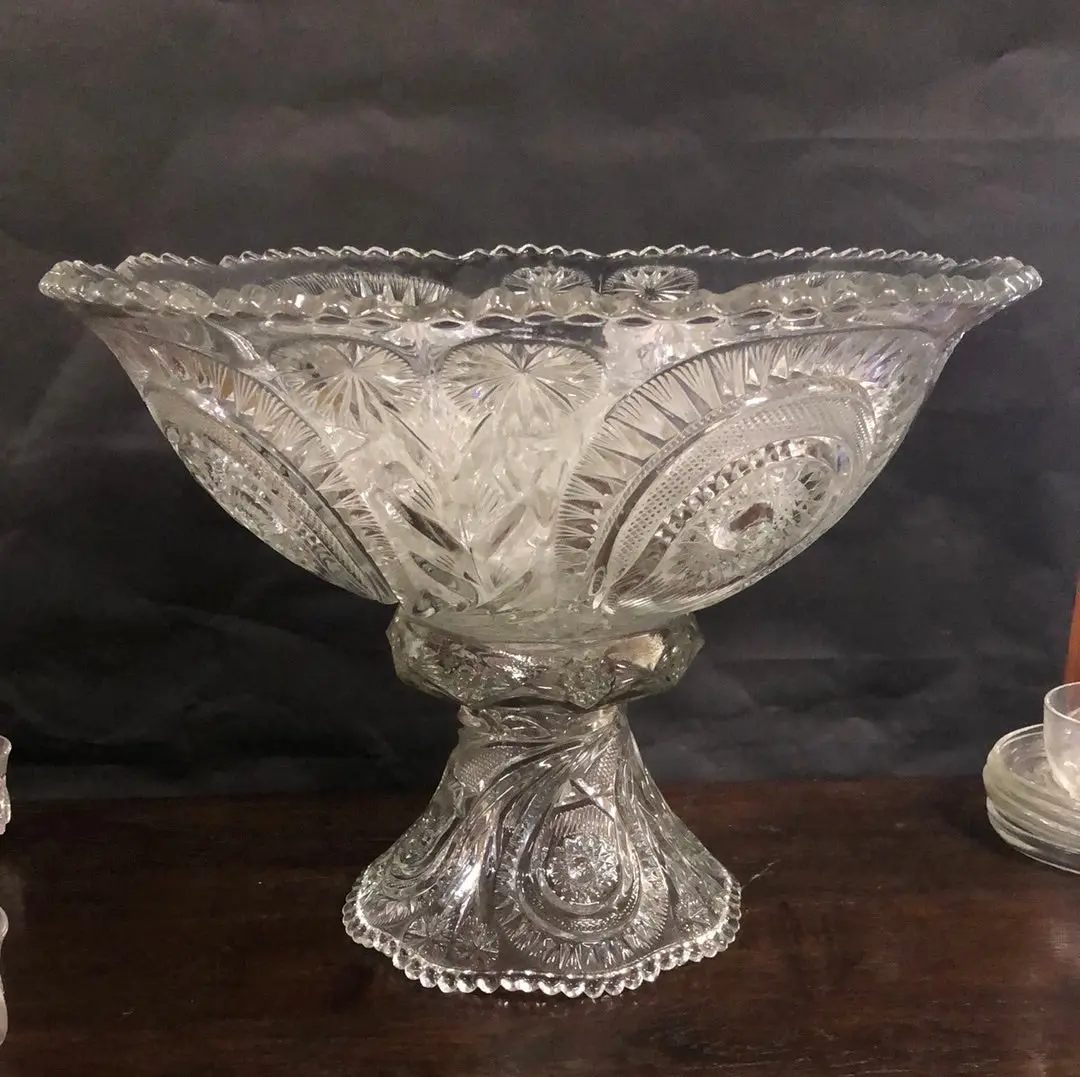 Large Press Glass Punch Bowl On Stand With 12 Cups 1